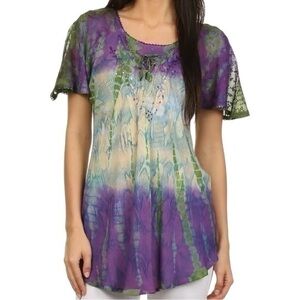 Advance Apparels One Size Purple Green Tie Dye Dina Relaxed Sequin Blouse Top